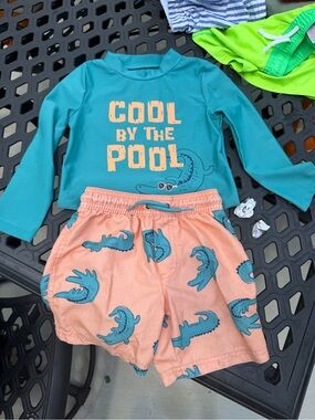 Carter's Teal Rashguard & Peach Crocodile Print Swim Shorts